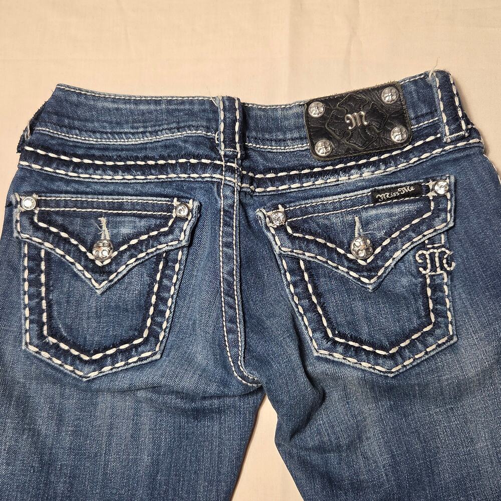 Miss Me Flap Pocket Skinny Jeans Dark Wash Contrast Stitch Rhinestone Size 25